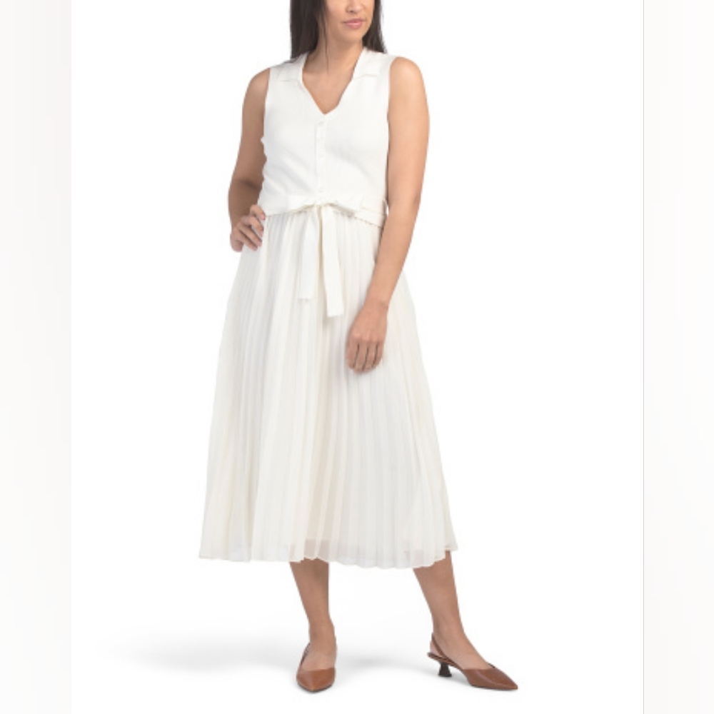 NWT - Ellen Tracy Mixed Media Knit & Pleated Midi Dress Marshmellow - Size L